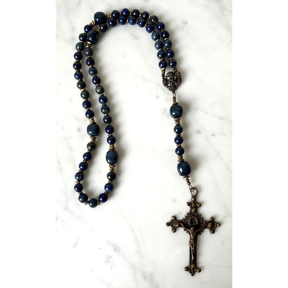 Bella Studios Rosary Lapis Lazuli Beads Bronze Medal and Crucifix Prayer Beads - Picture 2 of 14